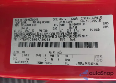 2016 Ford F-150 Xlt z USA, uszkodzony, nr VIN 1FTEW1C88GFA89383